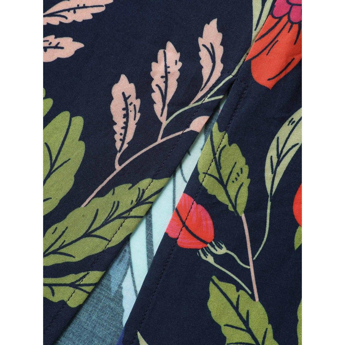 Plus Size Rayon Colorful Floral Split Side Midi Dress Navy Women Overlap Collar Short sleeve Curvy BloomChic 18-20/2X Product Image
