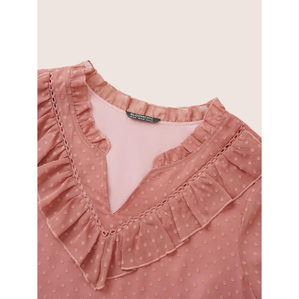 Plus Size DustyPink Texture Shirred Lace Patchwork Frill Trim Blouse Women Elegant Long Sleeve V-neck Everyday Blouses BloomChic 28/5X Product Image