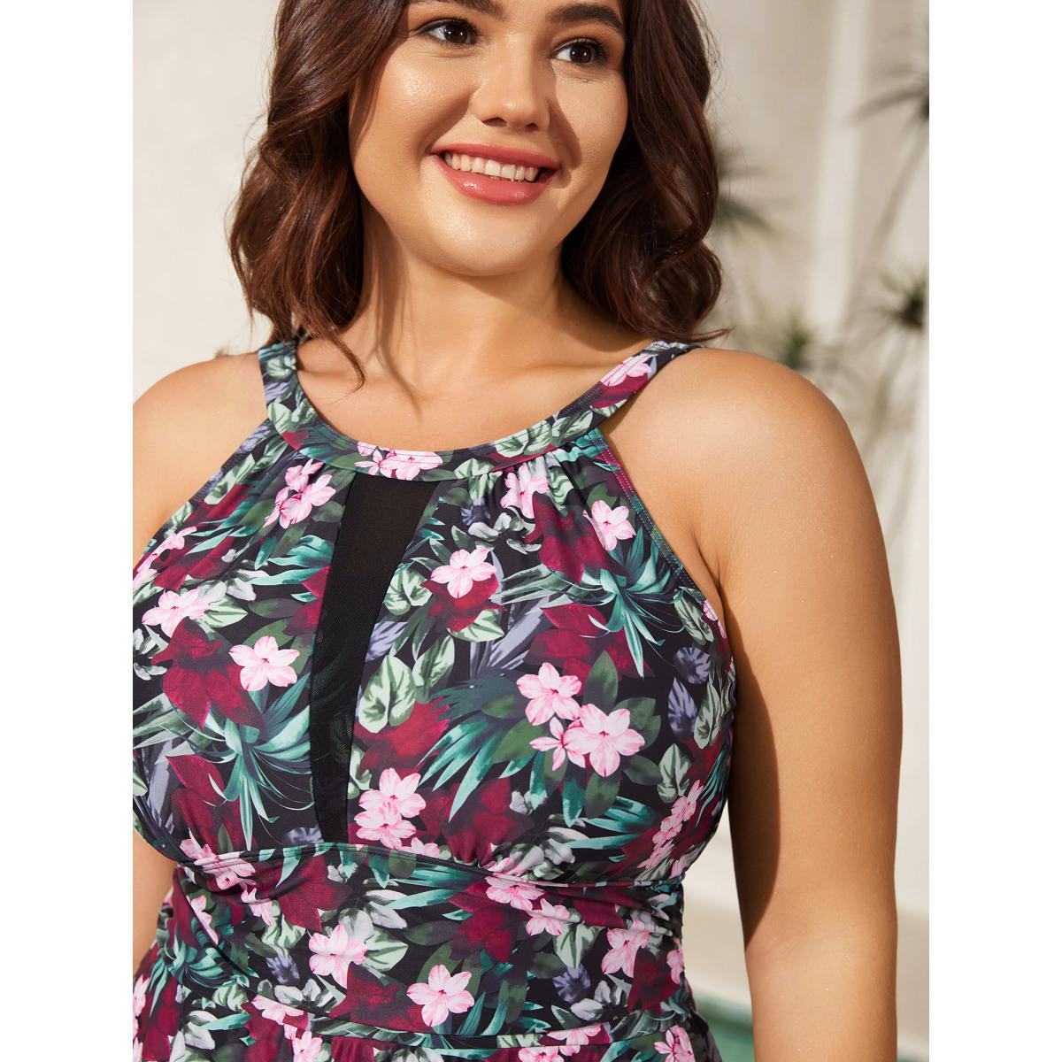 Plus Size Anti-Float Ties Sheer Tropical Swim Dress Women's Swimwear BlackFlower Beach Bodycon Round Neck High stretch Curve Swim Dresses BloomChic 22-24/3X Product Image