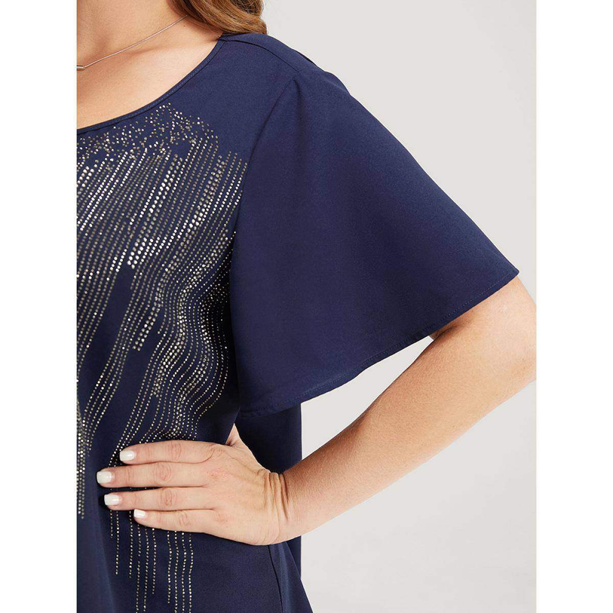 Plus Size Aegean Plain Rhinestones Detail Ruffles Sleeve Blouse Women Party Short sleeve Round Neck Dailywear Blouses BloomChic 26/4X Product Image