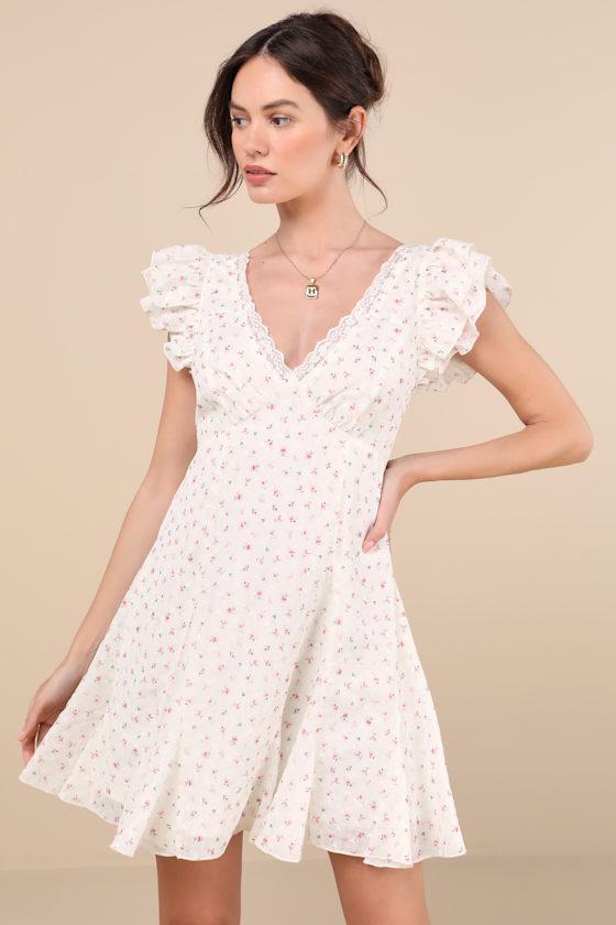 Eben Ivory Ditsy Floral Flutter Sleeve Mini Dress Product Image