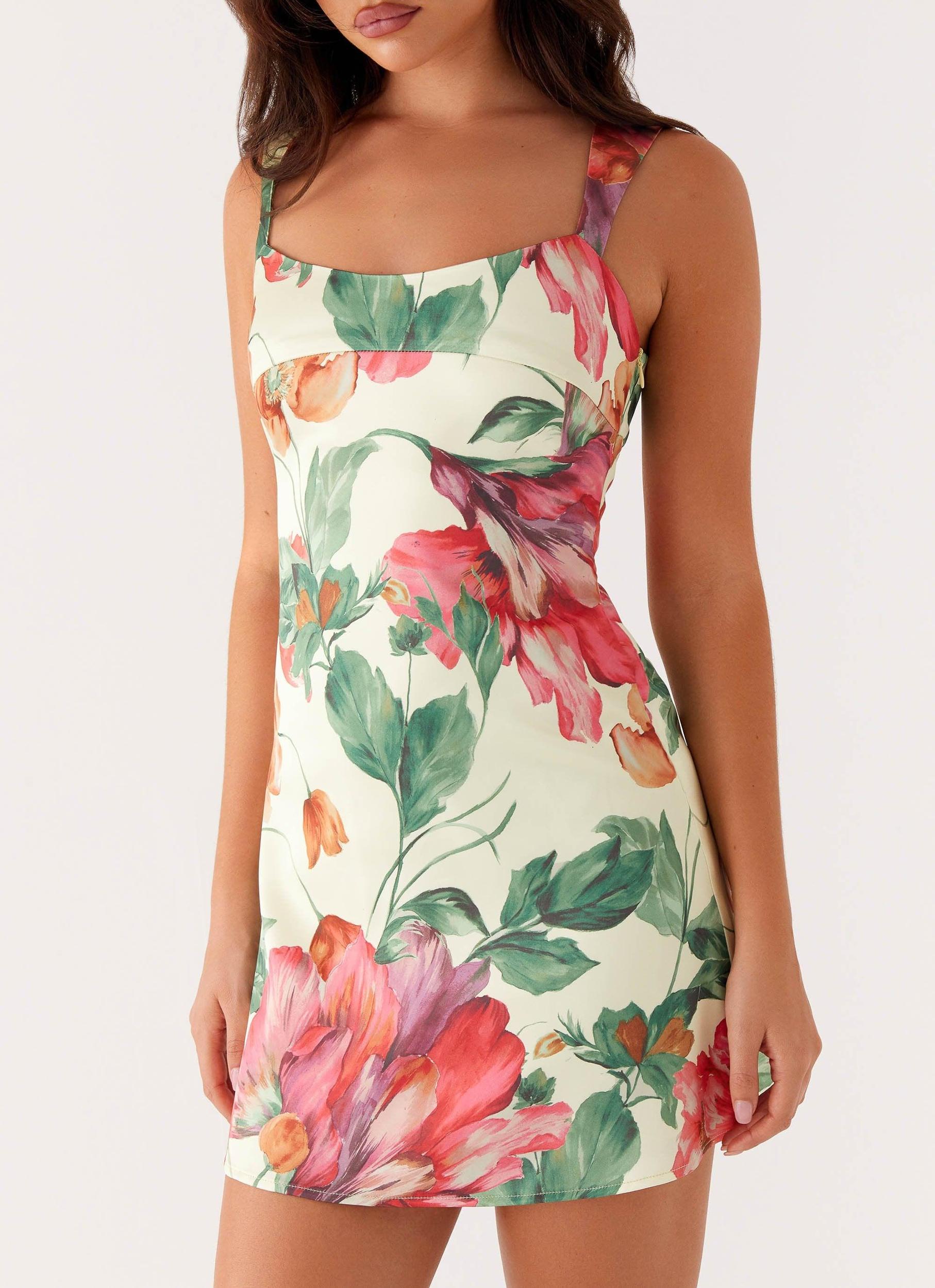 Odette Satin Mini Dress - Yellow Floral Product Image