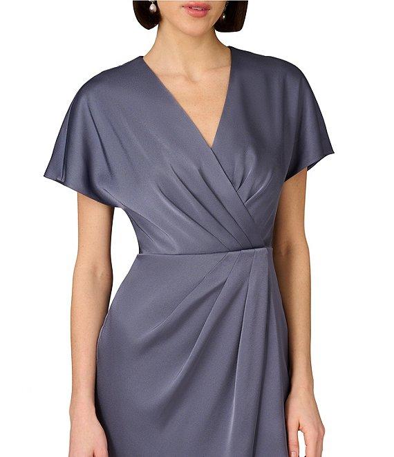 Aidan Mattox Satin V-Neck Dolman Short Sleeve Pleated Tulip Hem Dress Product Image