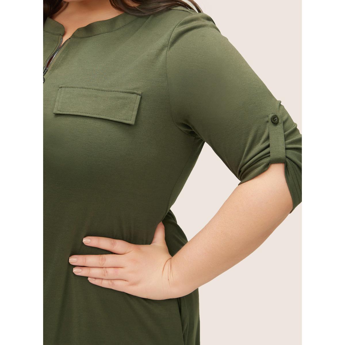 Plus Size Plain Half Zip Flap Detail Tab Sleeve Dress ArmyGreen Women At the Office Non Notched collar Elbow-length sleeve Curvy Midi Dress BloomChic 14-16/1X Product Image