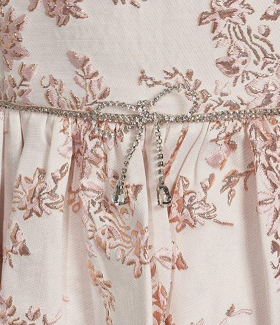 Morgan & Co. Floral Printed Metallic Brocade Ruffle Strap Scallop Hem Dress Product Image