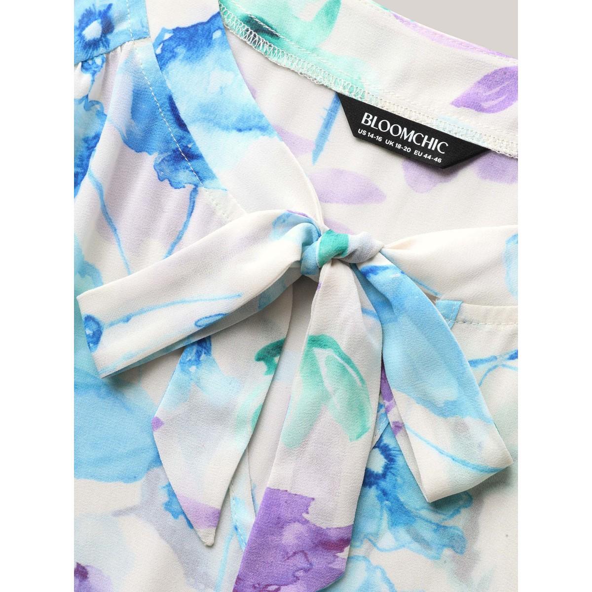 Plus Size Breezy Floral Stretchy Waist Sheer Midi Dress Lavender Women Ribbon-tied collar Cap Sleeve Curvy BloomChic 22-24/3X Product Image