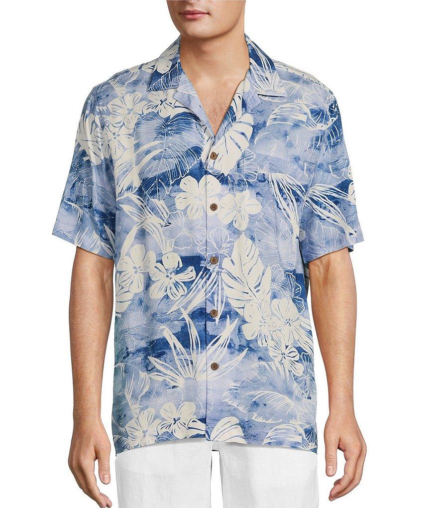 Caribbean Jacquard Watercolor Floral Print Short Sleeve Woven Camp Shirt Product Image