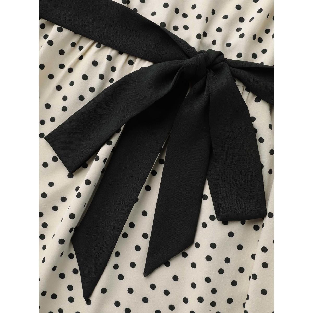 Plus Size Round Neck Polka Dot Waist-Tie Midi Dress Apricot Women Elegant Belted Round Neck Long Sleeve Curvy BloomChic 30/6X Product Image