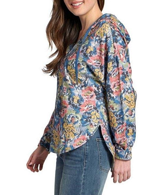 APNY Woven Printed V-Neck Long Sleeve Hooded Sweatshirt Product Image