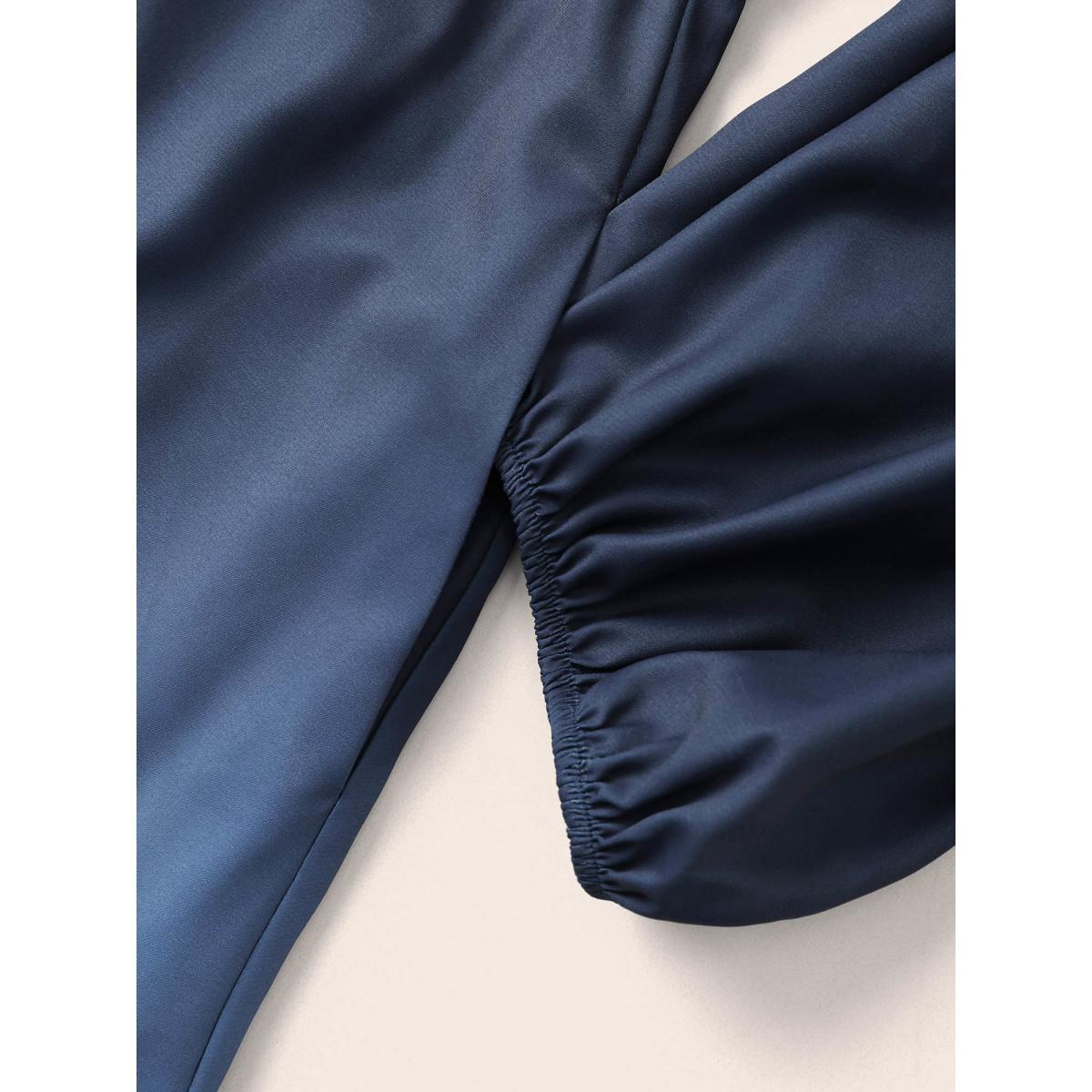 Plus Size Ombre Gathered Layered Notched Elastic Cuffs Dress Indigo Women Casual Non Notched collar Elbow-length sleeve Curvy Midi Dress BloomChic 26/4X Product Image