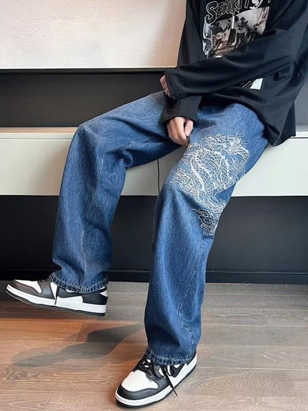 Men's Dragon Embroidered Straight Leg Jeans Product Image