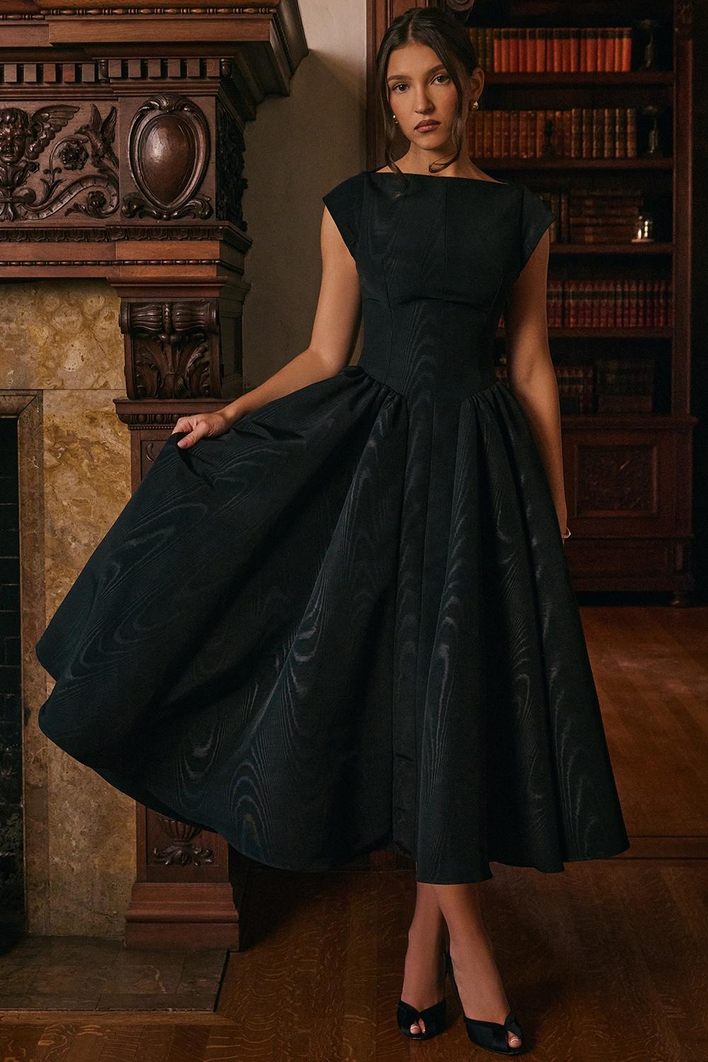 Debutante  black moire satin backless midi dress Product Image