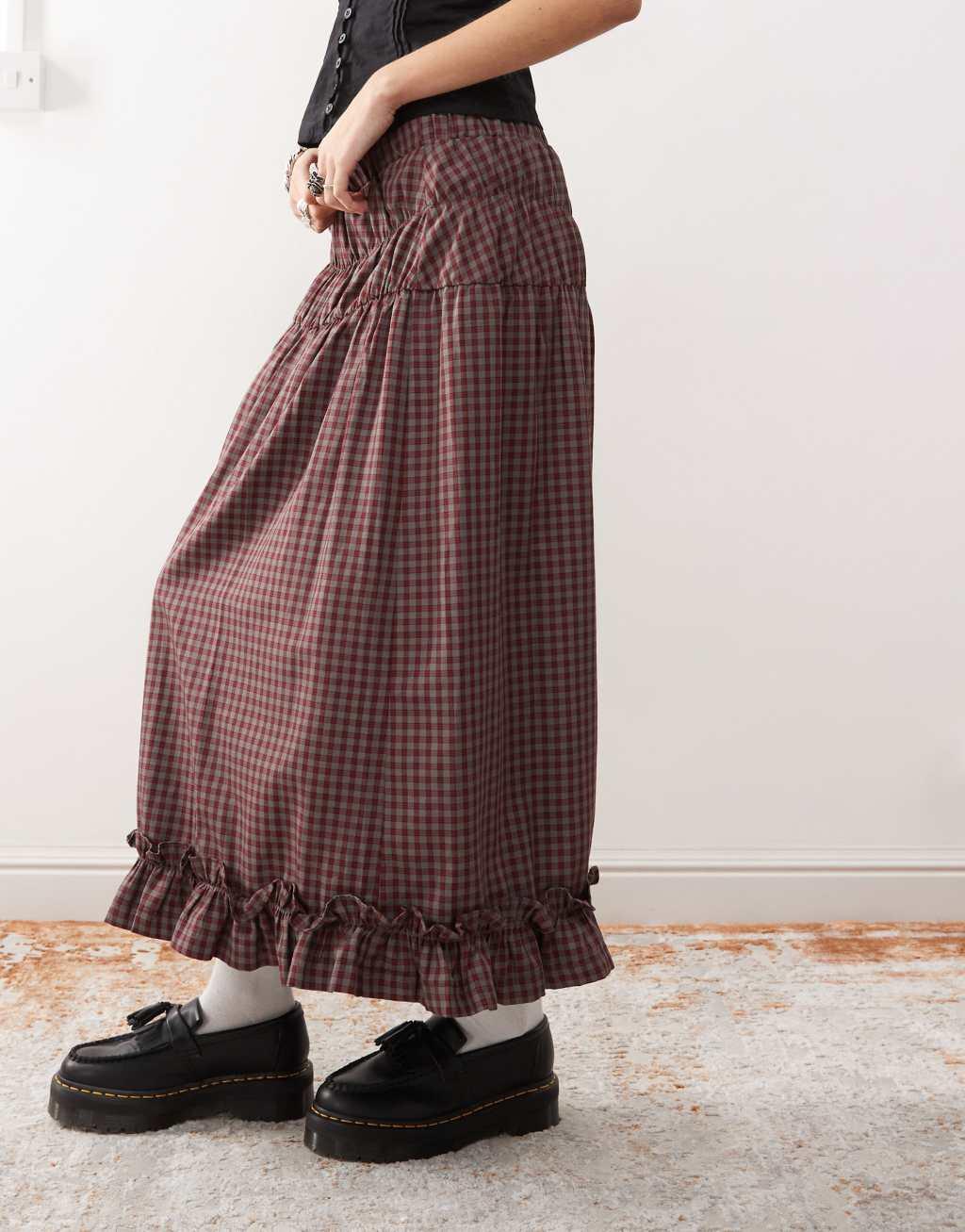 Reclaimed Vintage prairie midi skirt with ruffle hem and shirring in burgundy check Product Image