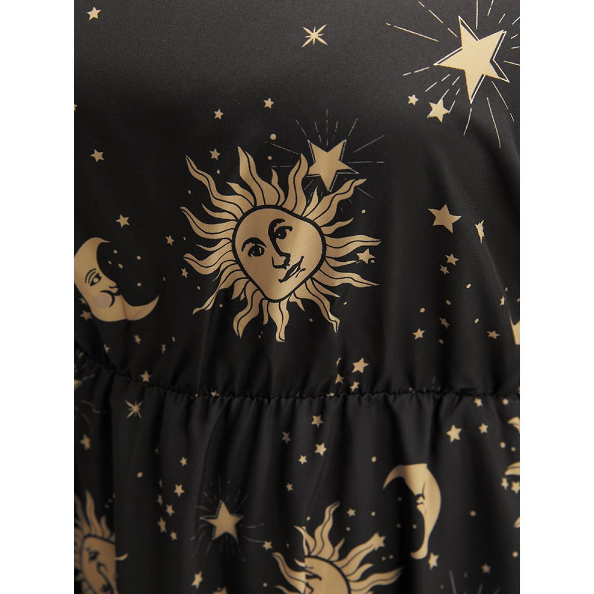 Plus Size Halloween Moon And Star Bell Sleeve Pocket Crew Neck Midi Dress Black Women Elegant Patchwork Round Neck Long Sleeve Curvy Midi Dress BloomChic 26/4X Product Image