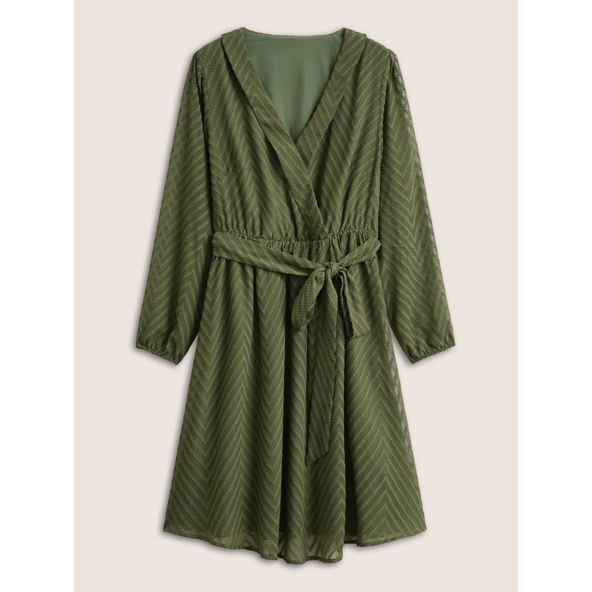 Plus Size Plisse Belted Mesh Overlap Collar Dress ArmyGreen Women At the Office Non Overlap Collar Long Sleeve Curvy Midi Dress BloomChic 10/M Product Image