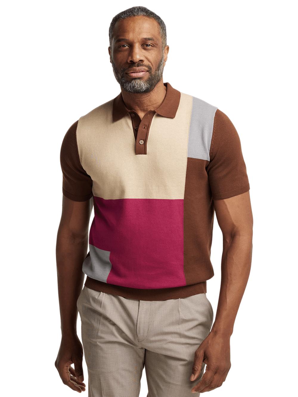 Cotton Three Button Polo - Brown Multi Product Image