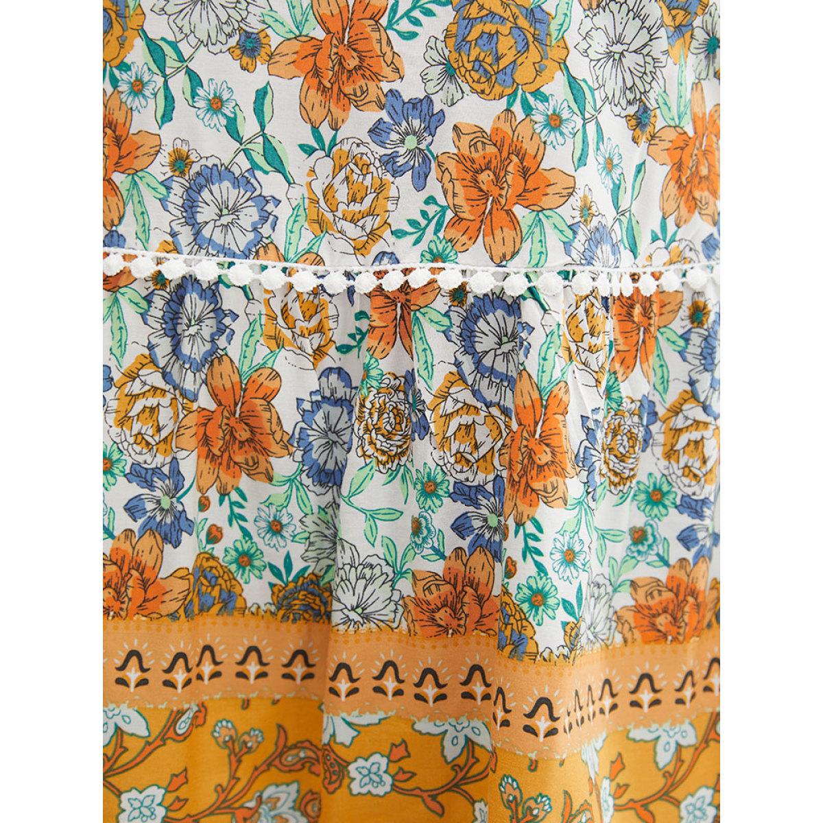 Plus Size Gold Bandana Print Petal Sleeve Tie Neck Pompom Trim Blouse Women Vacation Short sleeve Tie Neck Dailywear Blouses BloomChic 14-16/1X Product Image