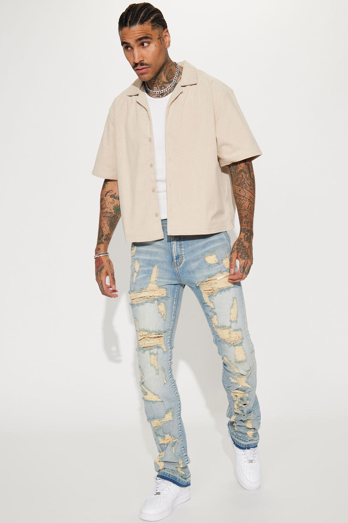 Torn Apart Stacked Skinny Flare Jeans - Light Blue Wash Product Image