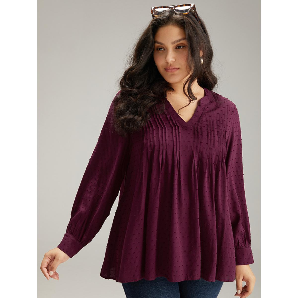 Plus Size Burgundy Plicated Detail Polka Dot Blouse Women Elegant Long Sleeve V-neck Dailywear Blouses BloomChic 30/6X Product Image