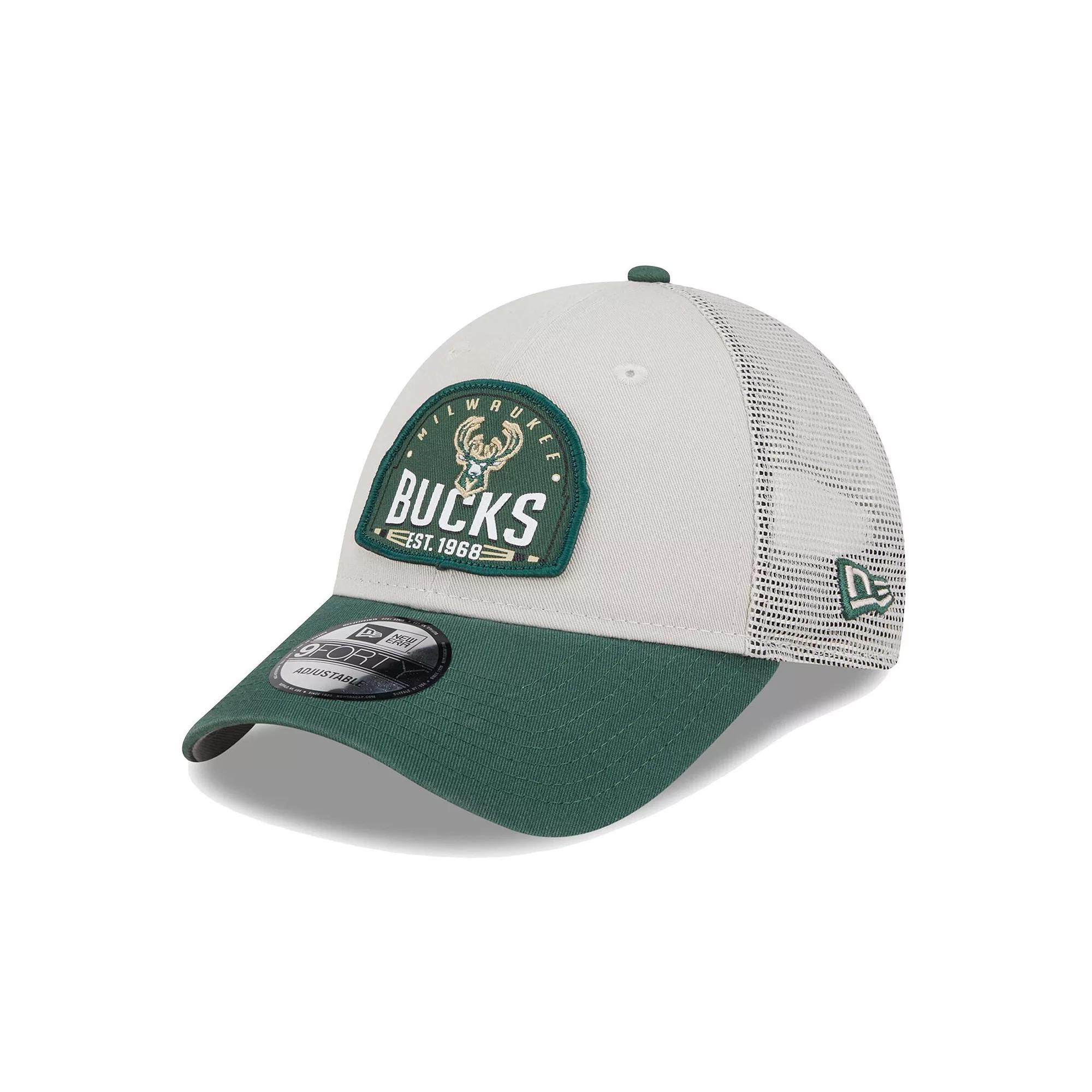Men's New Era Khaki/Hunter Green Milwaukee Bucks Throwback Patch Trucker 9FORTY Adjustable Hat, Beig K Product Image