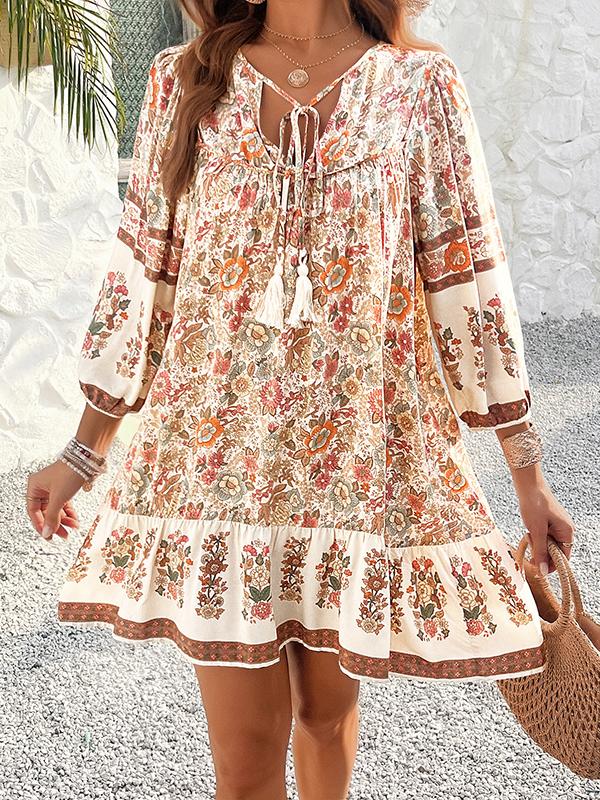 A-Line Loose Contrast Color Drawstring Flower Print Pleated Split-Joint V-Neck Mini Dresses Product Image