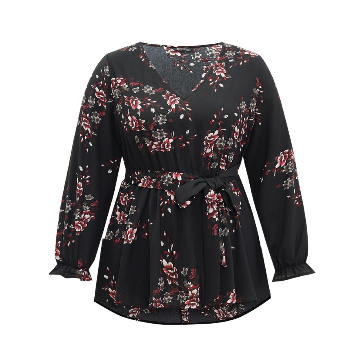 Plus Size BlackFlower Floral Elastic Waist Ruffles Ties Lantern Sleeve Blouse Women Elegant Long Sleeve V-neck Office Blouses BloomChic 26/4X Product Image