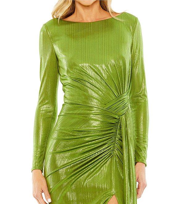 Mac Duggal Metallic Scoop Neckline Long Sleeve Ruched Bodice Gown Product Image