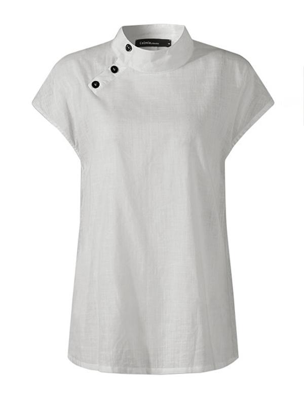 Solid Color Stand Collar Cap-Sleeve Shirts Product Image