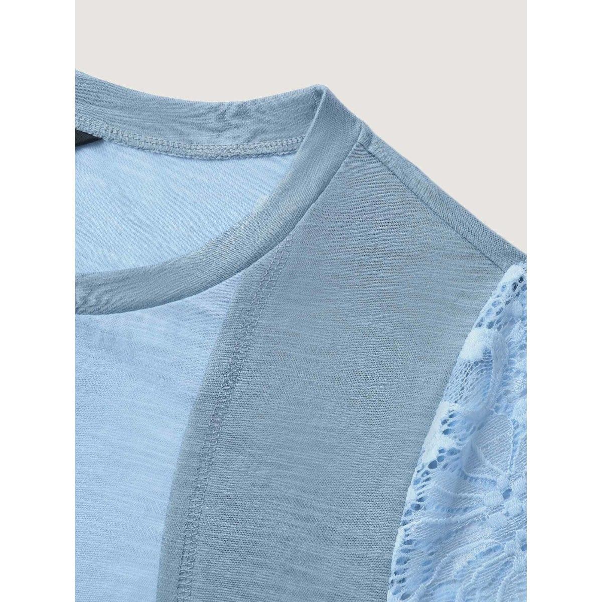 Plus Size Color Block Lace Panel Solid T-Shirt LightBlue Women See through Round Neck Everyday-Casual T-shirts BloomChic 30/6X Product Image