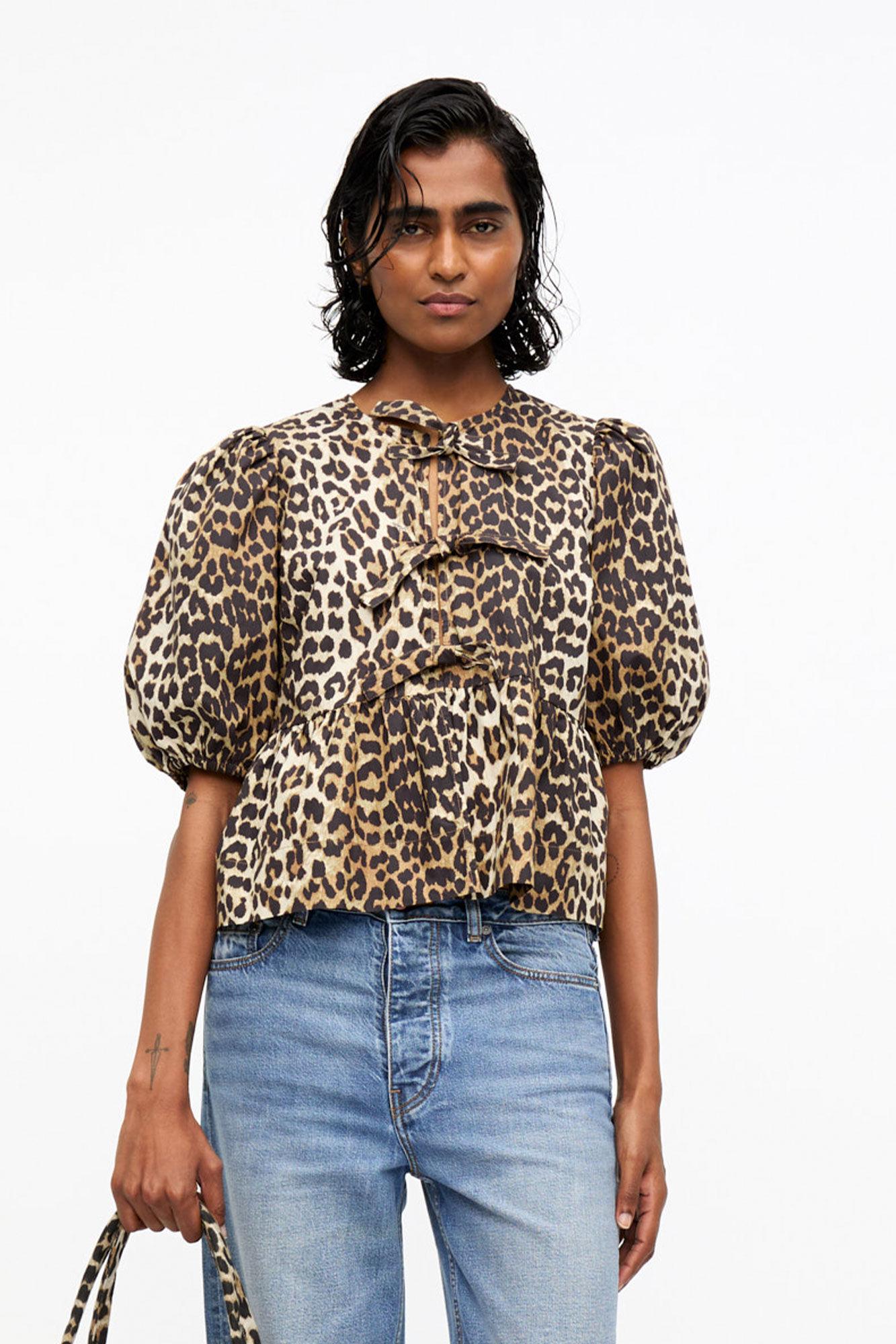 Leopard Cotton Poplin Peplum Tie Blouse Product Image