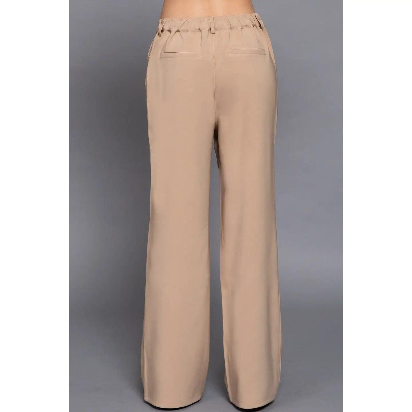 Taupe One Button Back Elastic Detail Straight Woven Long Pants Product Image