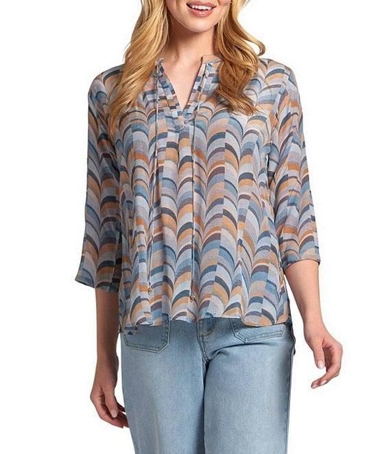 APNY Woven Printed V-Neck Tassel 3/4 Sleeve Top Product Image