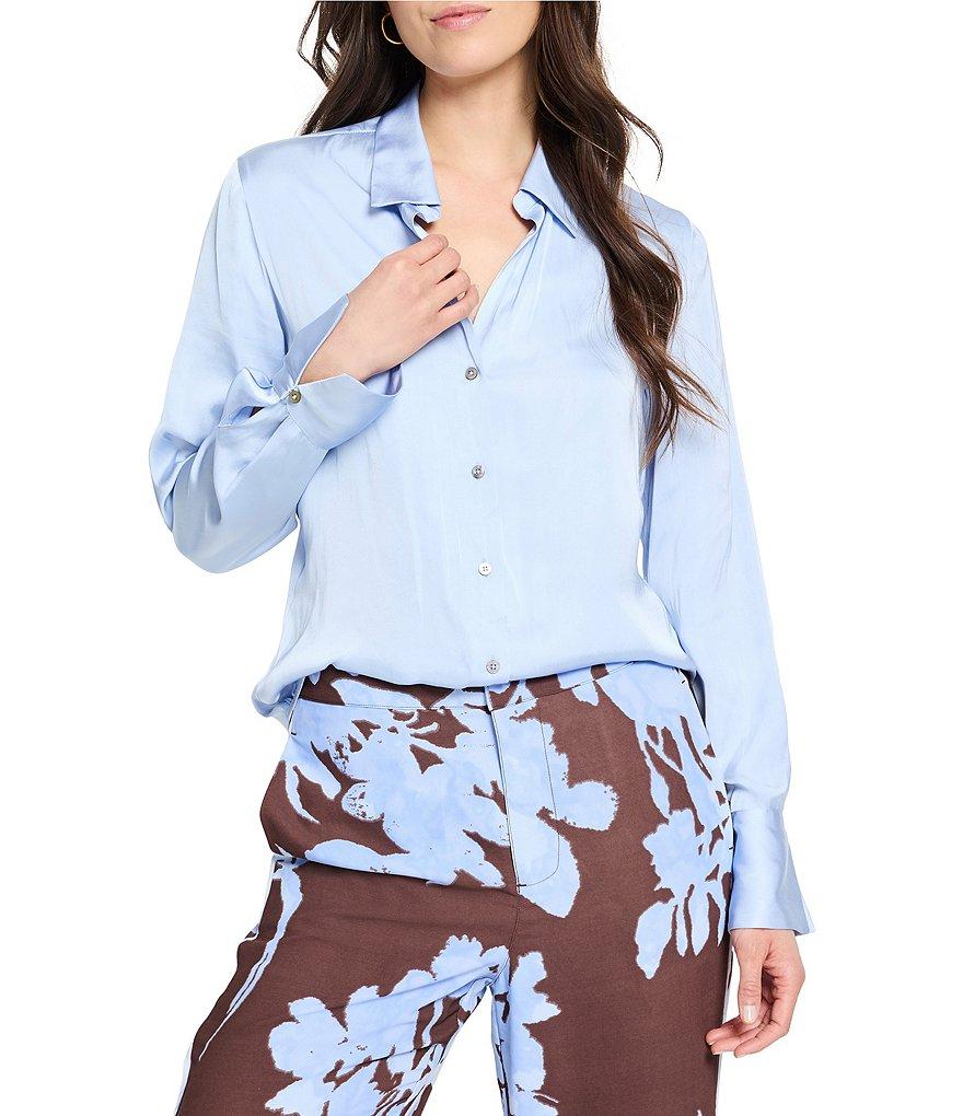 NIC + ZOE Glossy Crinkle Collar Neck Long Sleeve Button Front Shirt Product Image