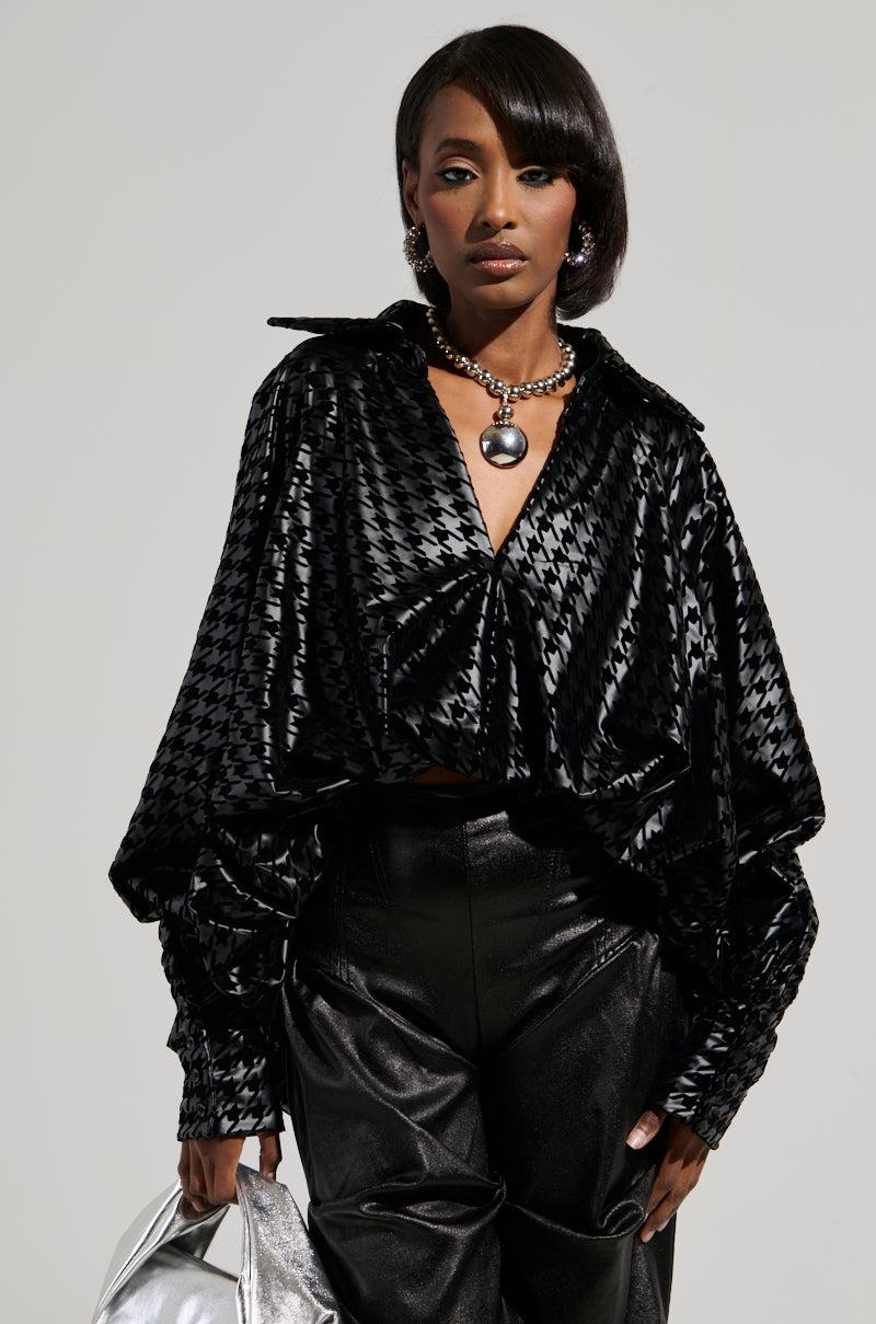 BADDEST OF EM ALL HOUNDSTOOTH FAUX LEATHER BLOUSE Product Image