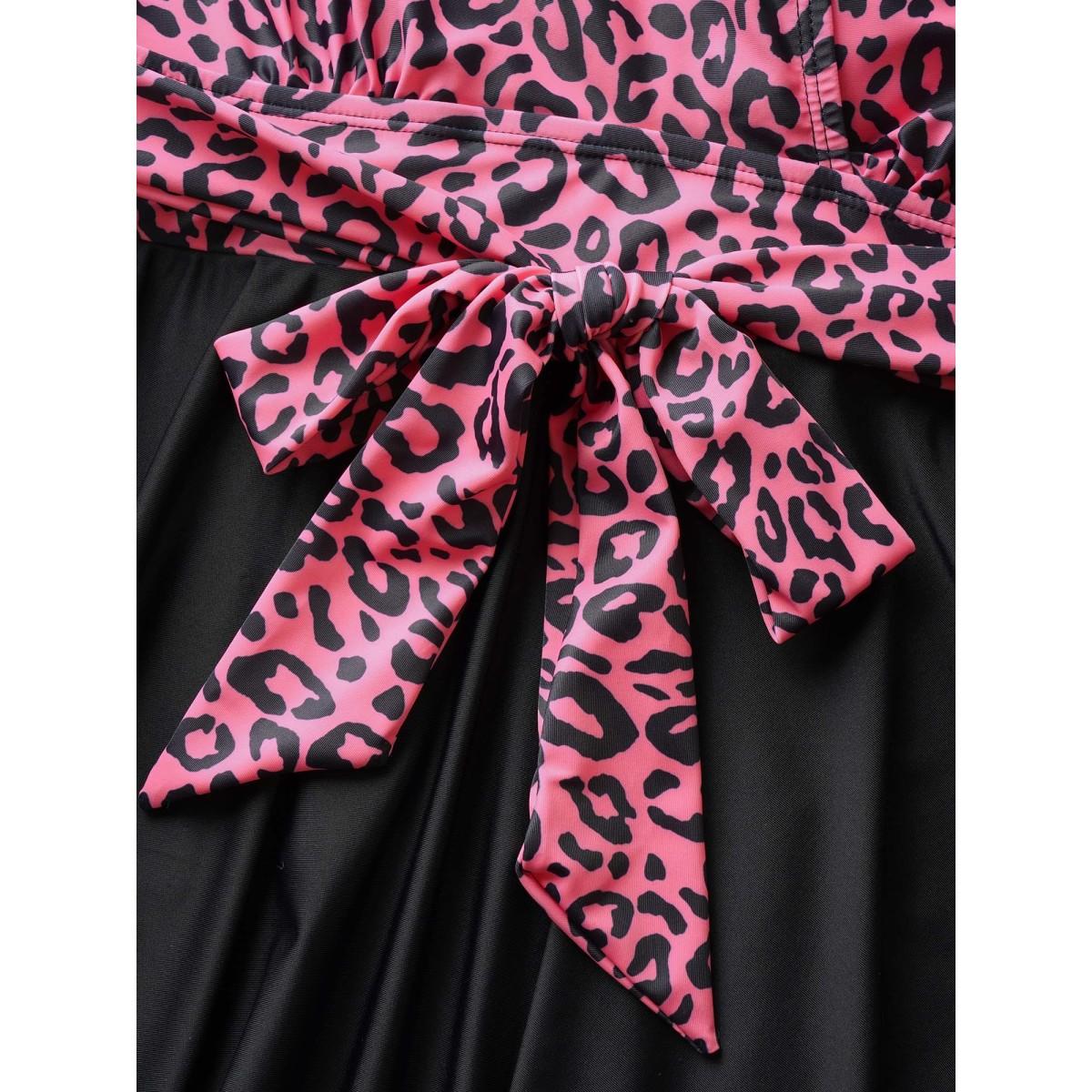 Plus Size Leopard Print Patchwork Tie Knot Swim Dress Women's Swimwear Leopard Beach Bodycon Overlap Collar High stretch Curve Swim Dresses BloomChic 14-16/1X Product Image
