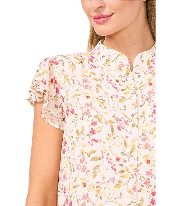 CeCe Woven Floral Print Mandarin Collar Double Flutter Sleeve Blouse Product Image