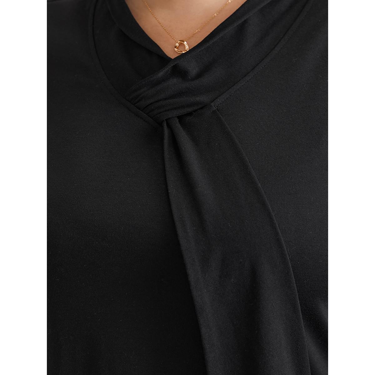 Plus Size Solid Twist Front Asymmetrical Neck Knit T-shirt Black Women Elegant Plain Plain Asymmetrical Neck Dailywear T-shirts BloomChic 14-16/1X Product Image