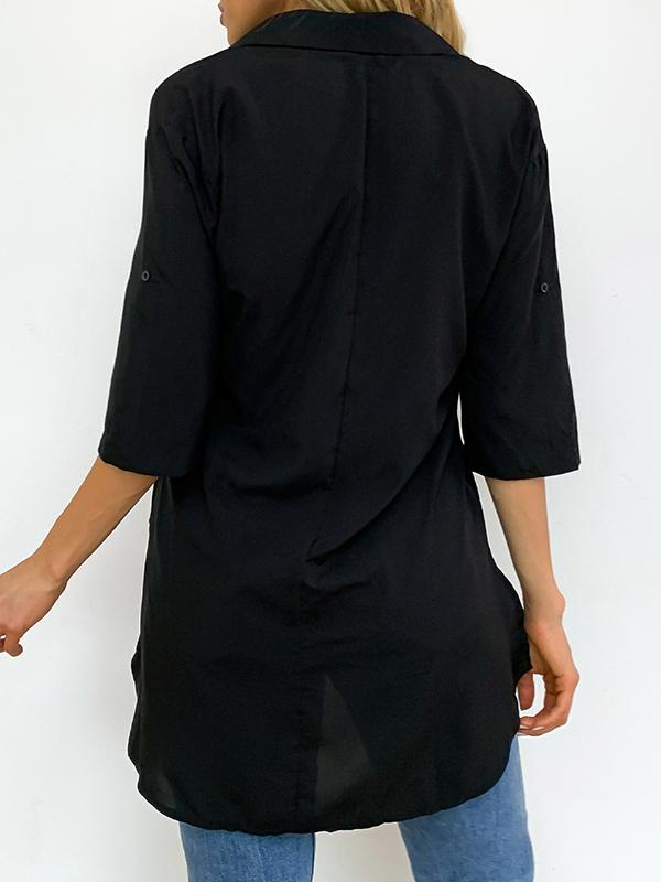 Half Sleeves Loose Pleated Solid Color Split-Joint Split-Side Lapel Blouses&Shirts Tops Product Image