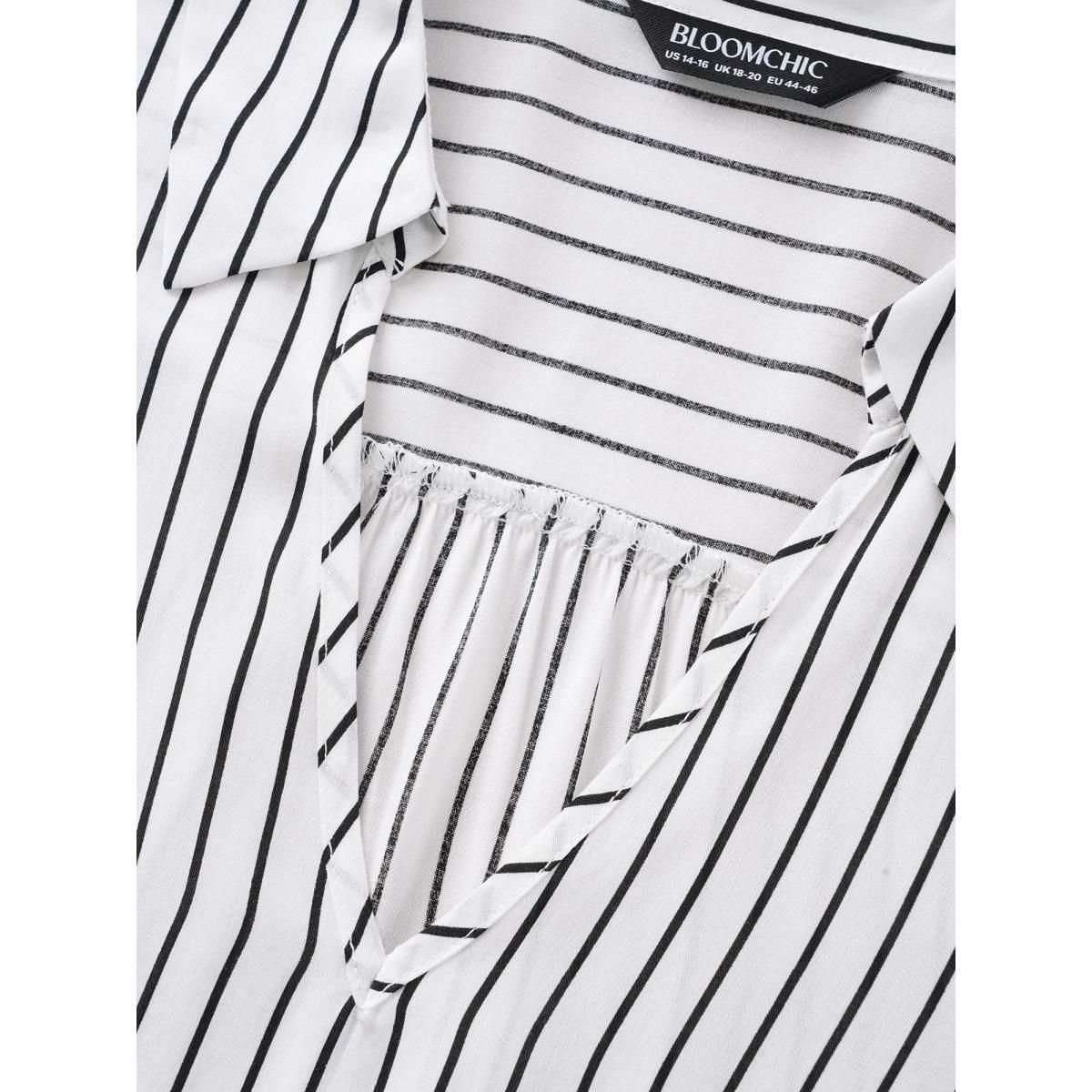 Plus Size WhiteSmoke Striped Lapel Collar Lantern Sleeve Blouse Women Workwear Essentials Long Sleeve V-neck Office Blouses BloomChic 14-16/1X Product Image