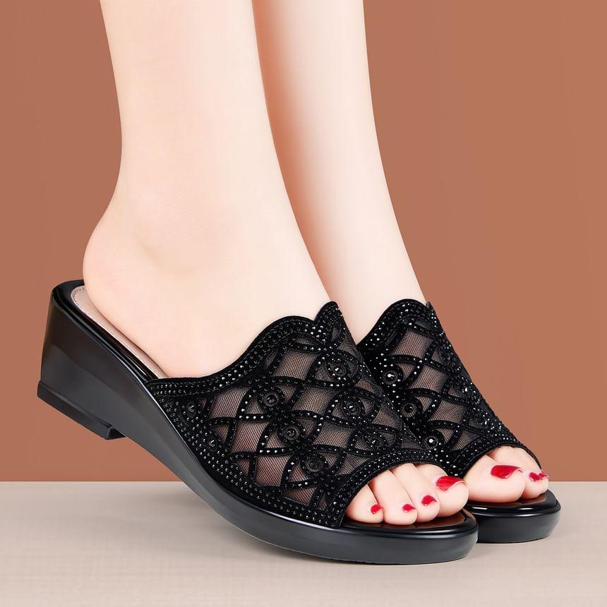 Rhinestone Eye Mesh Wedge Slide Sandals Product Image