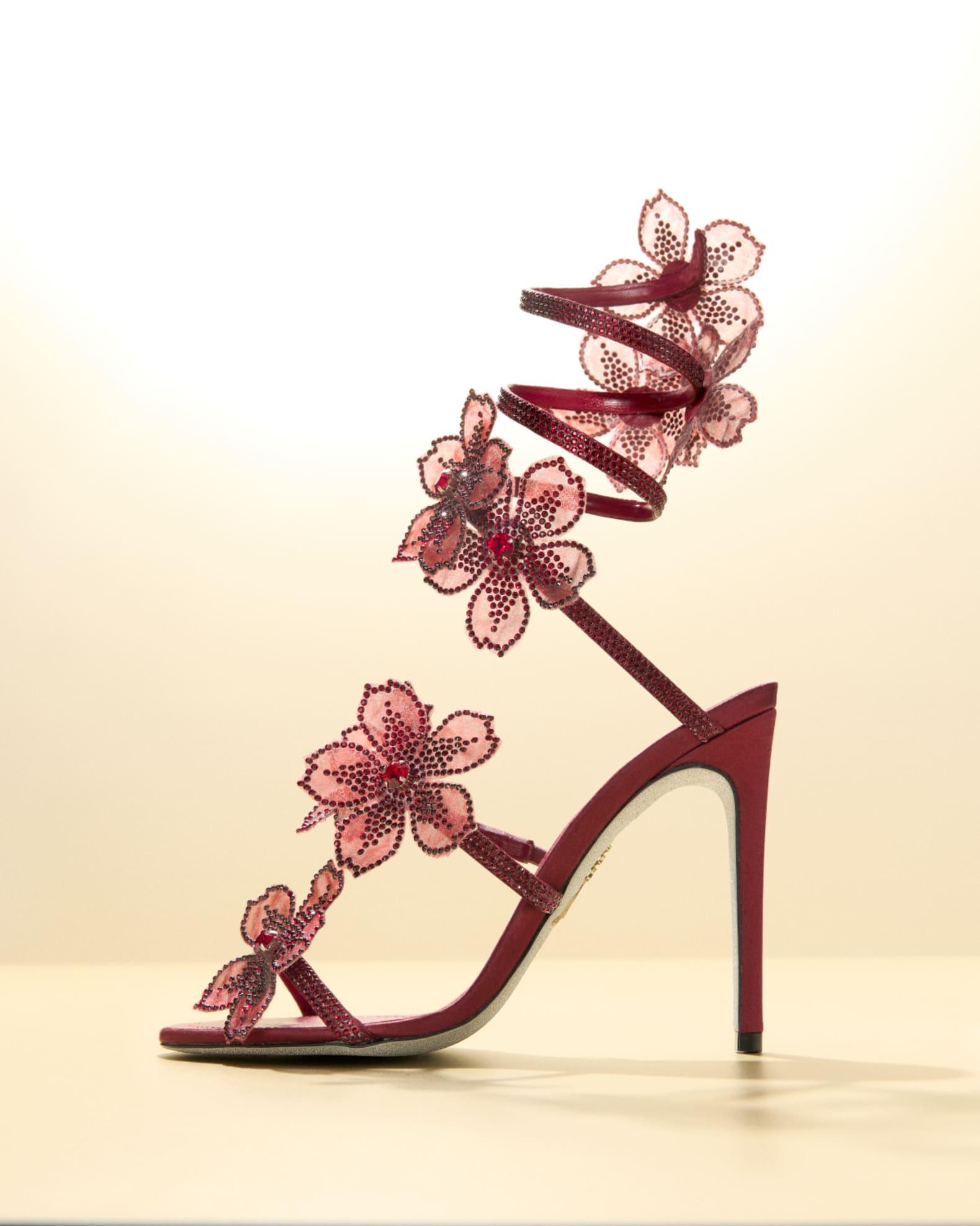 Floraine Crystal Flower Satin Snake Wrap Sandals Product Image
