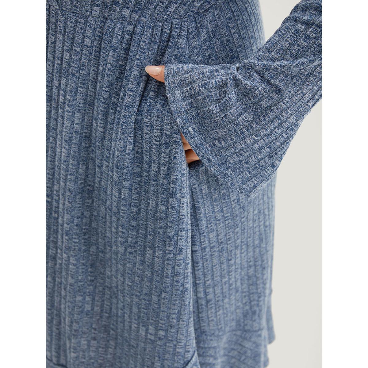 Plus Size Rib Knit Button Detail Pocket Bell Sleeve Dress Indigo Women Casual Texture V-neck Long Sleeve Curvy Midi Dress BloomChic 14-16/1X Product Image