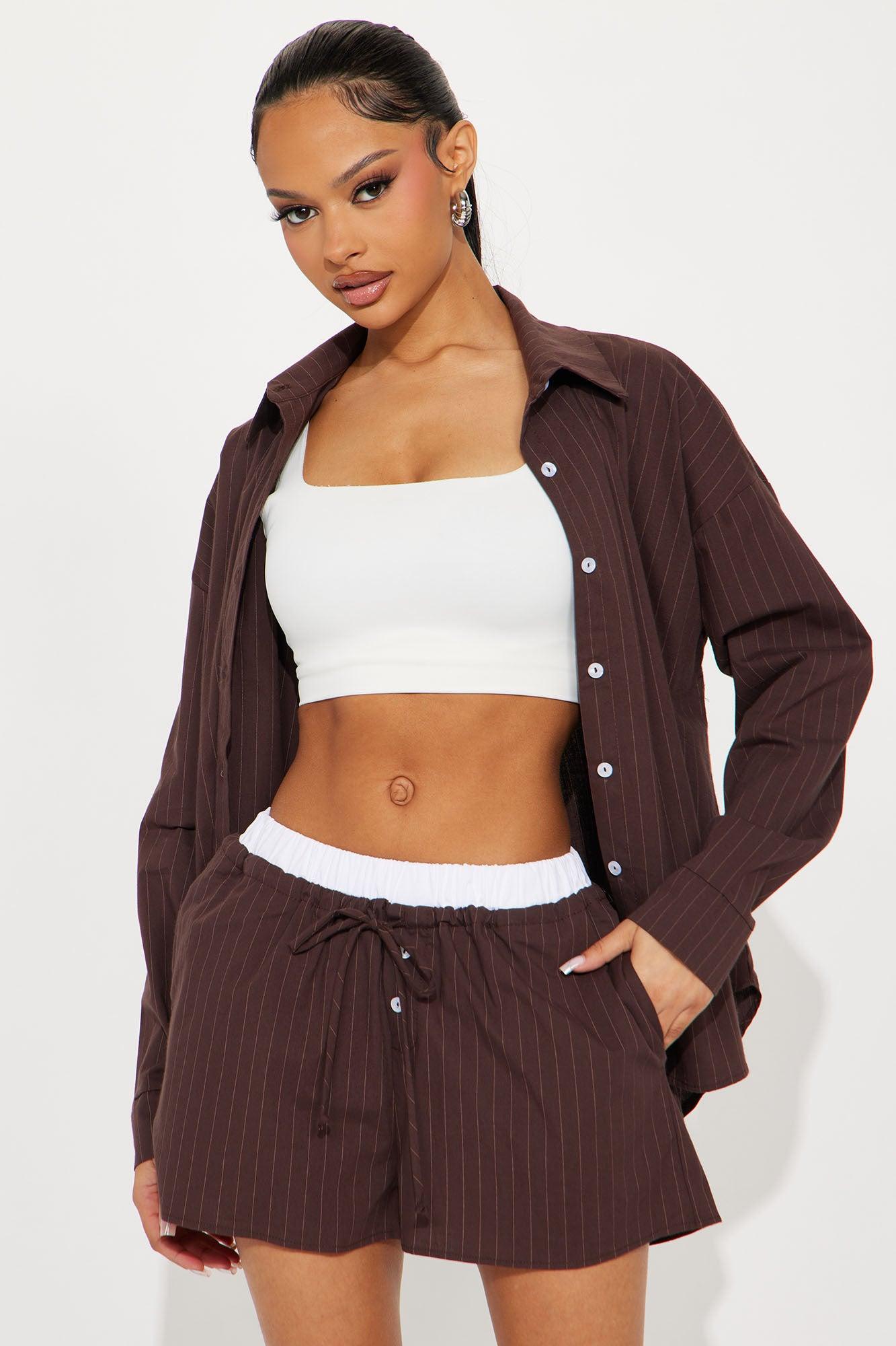 Now Or Never Pinstripe Short Set - Chocolate Product Image