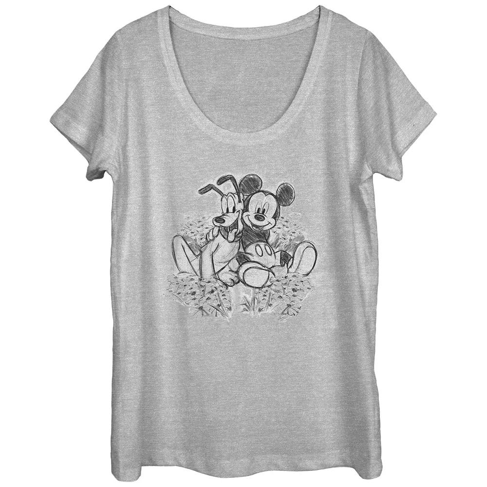 Disney's Mickey Mouse And Pluto Pencil Sketch Scoop Neck Juniors' Graphic Tee, Women's, Size: XL, Athletic Grey Product Image