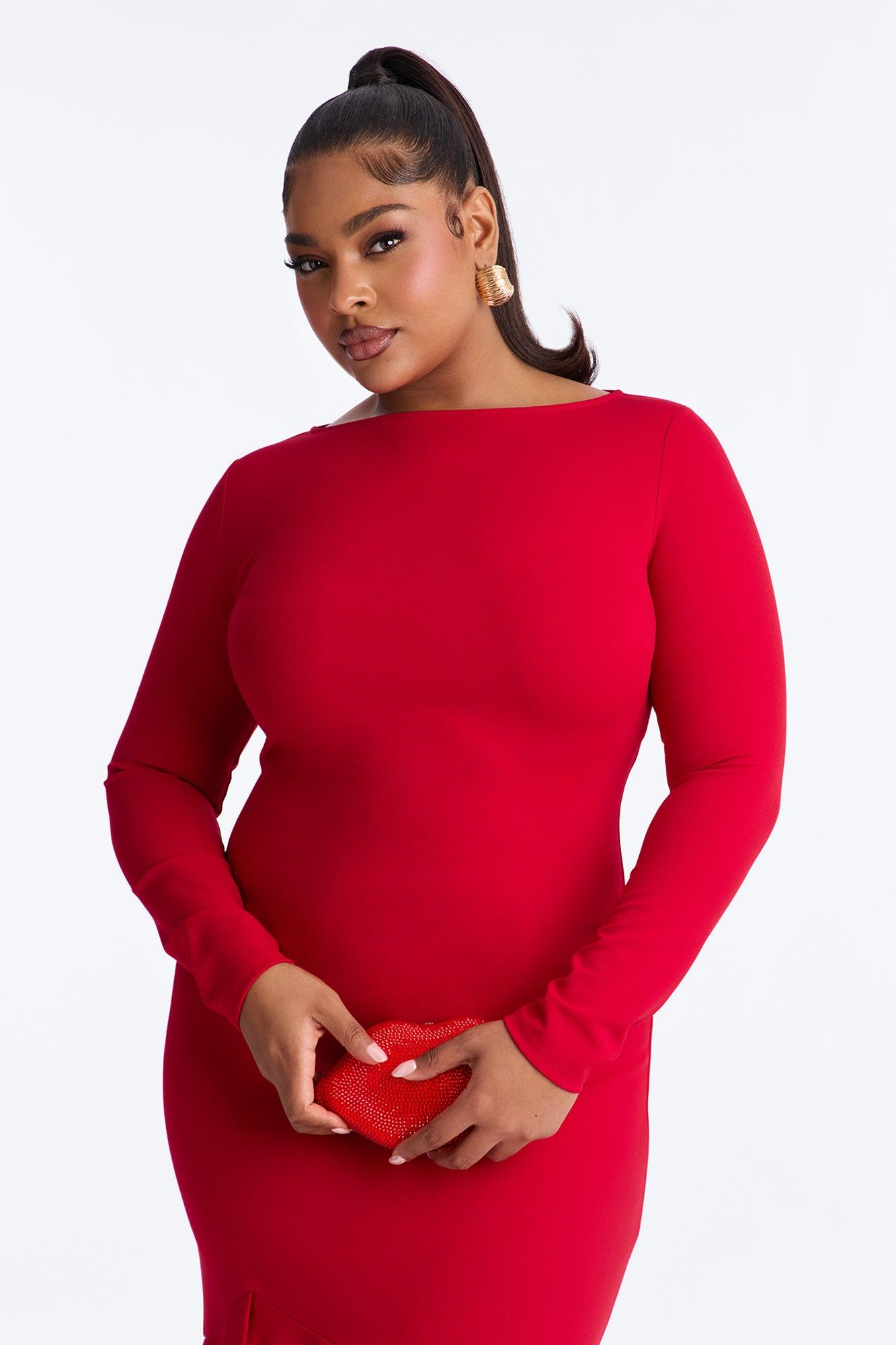 Bianca Long Sleeve Peplum Midi Dress - Red Female Product Image