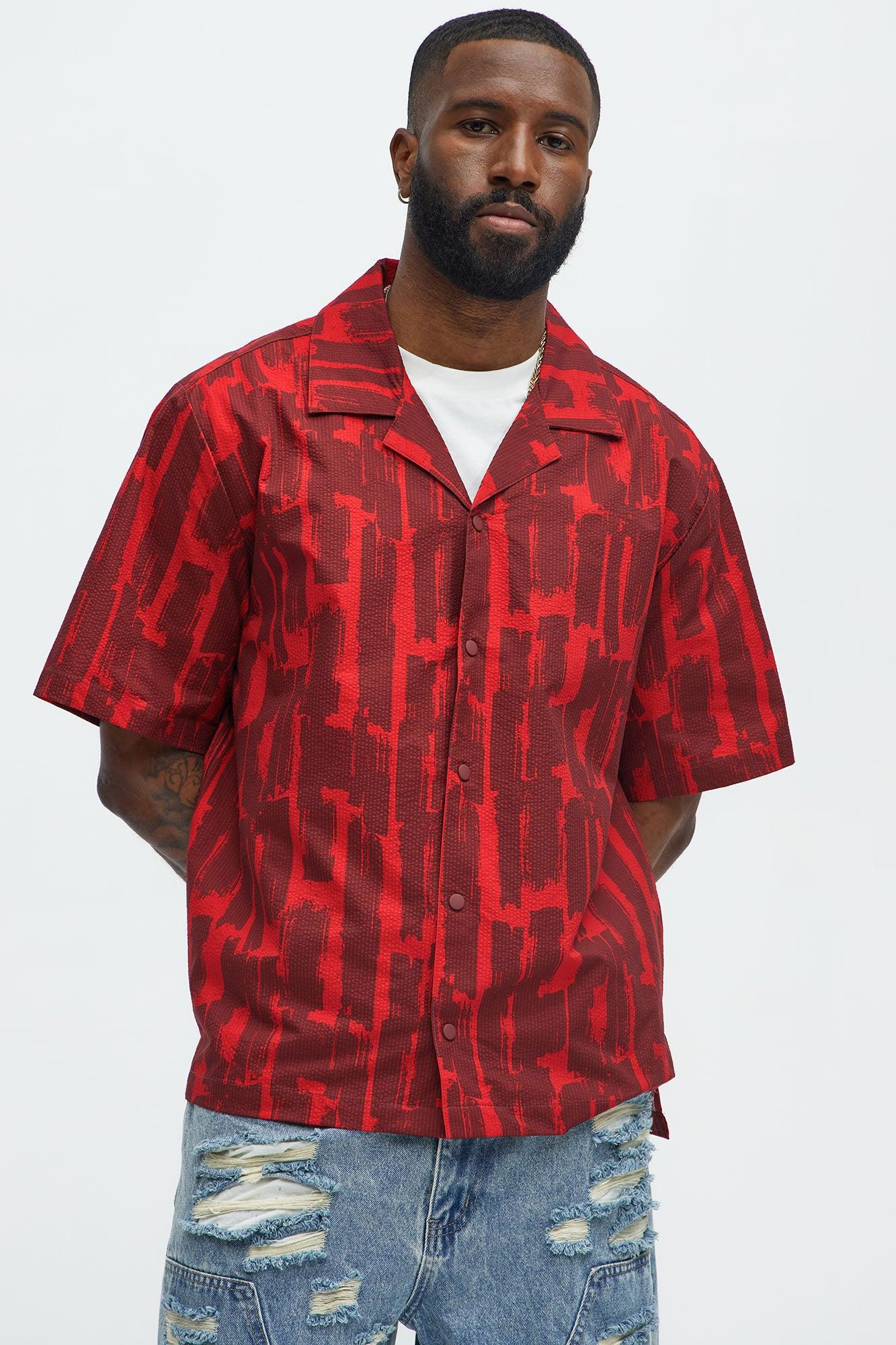 Seersucker Printed Short Sleeve Cuban Collar Shirt - Red/combo Product Image