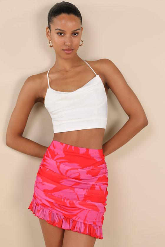 Mideia Pink Floral Mesh Ruched Ruffled Mini Skirt Product Image