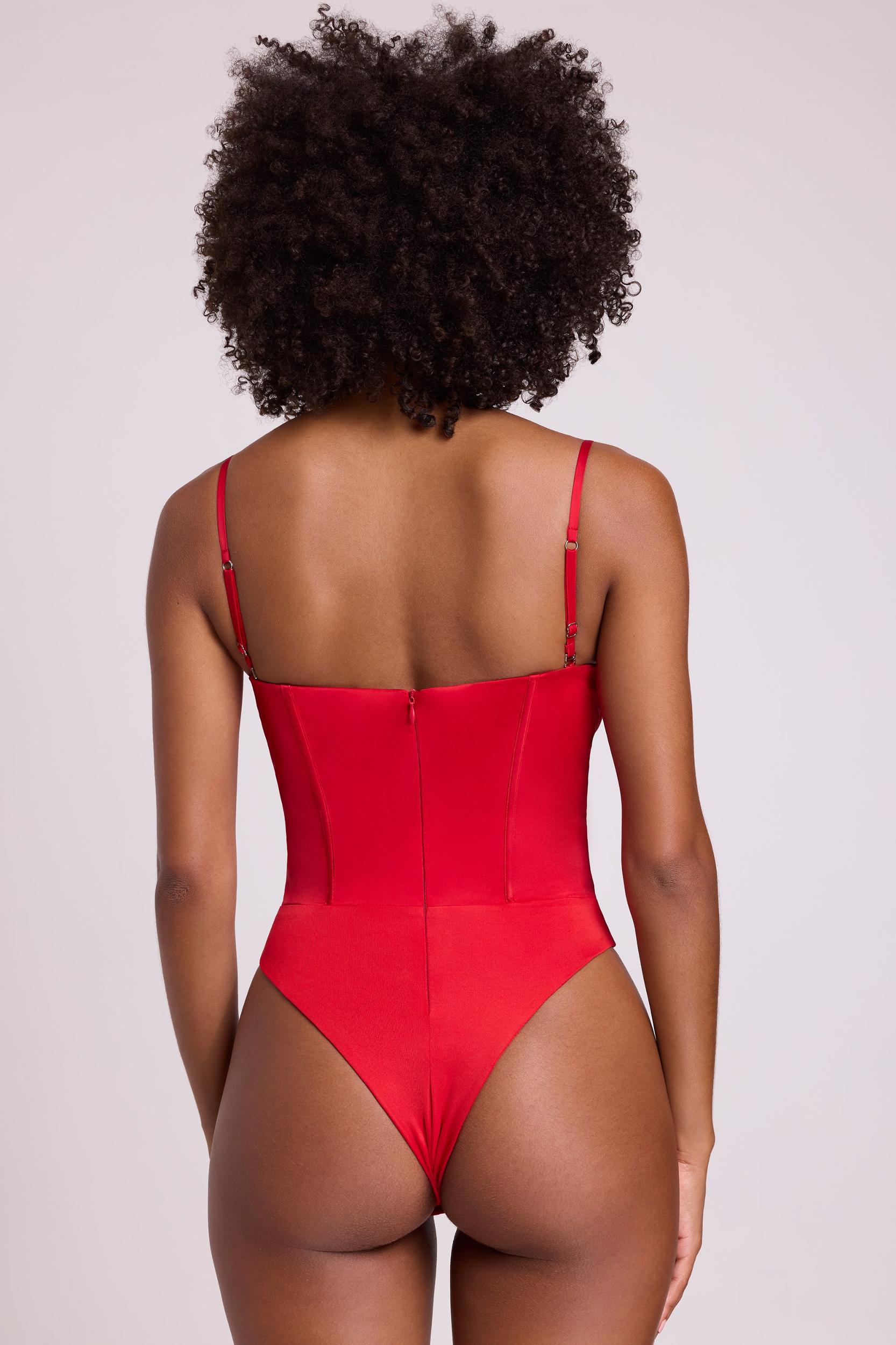 Satin Plunge Neck Lace Up Corset Bodysuit in Fire Red Product Image