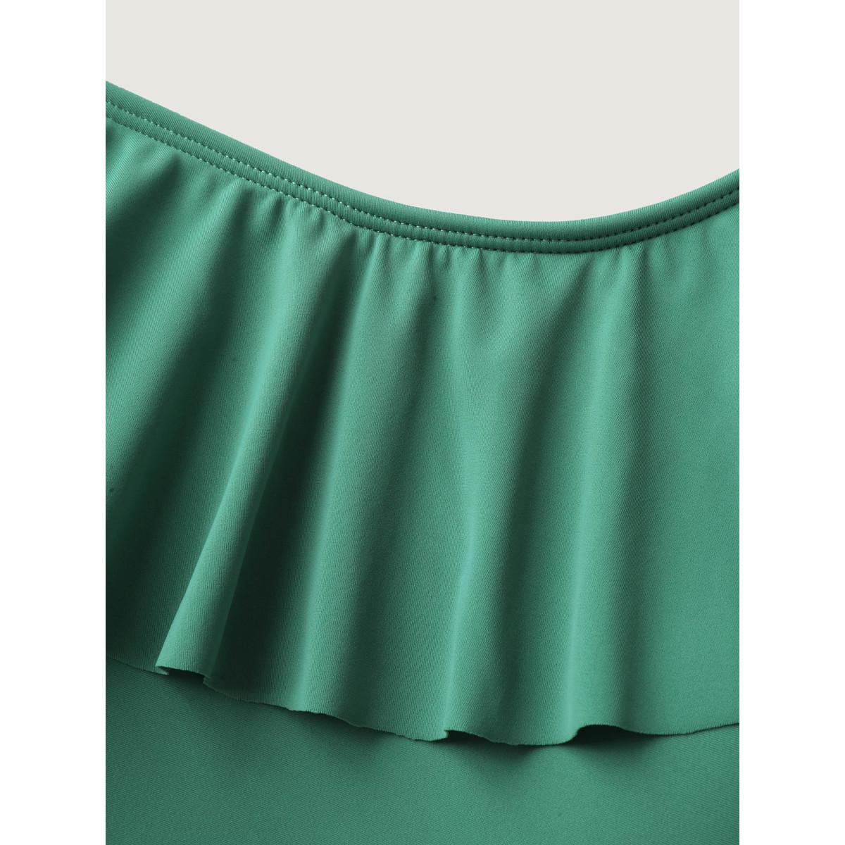 Plus Size Ruffled Asymmetrical Shoulder Strap Swim Top Women's Swimwear Greenbean Resort Ruffles High stretch Skinny Asymmetrical Neck Curve Swim Tops BloomChic 12/L Product Image