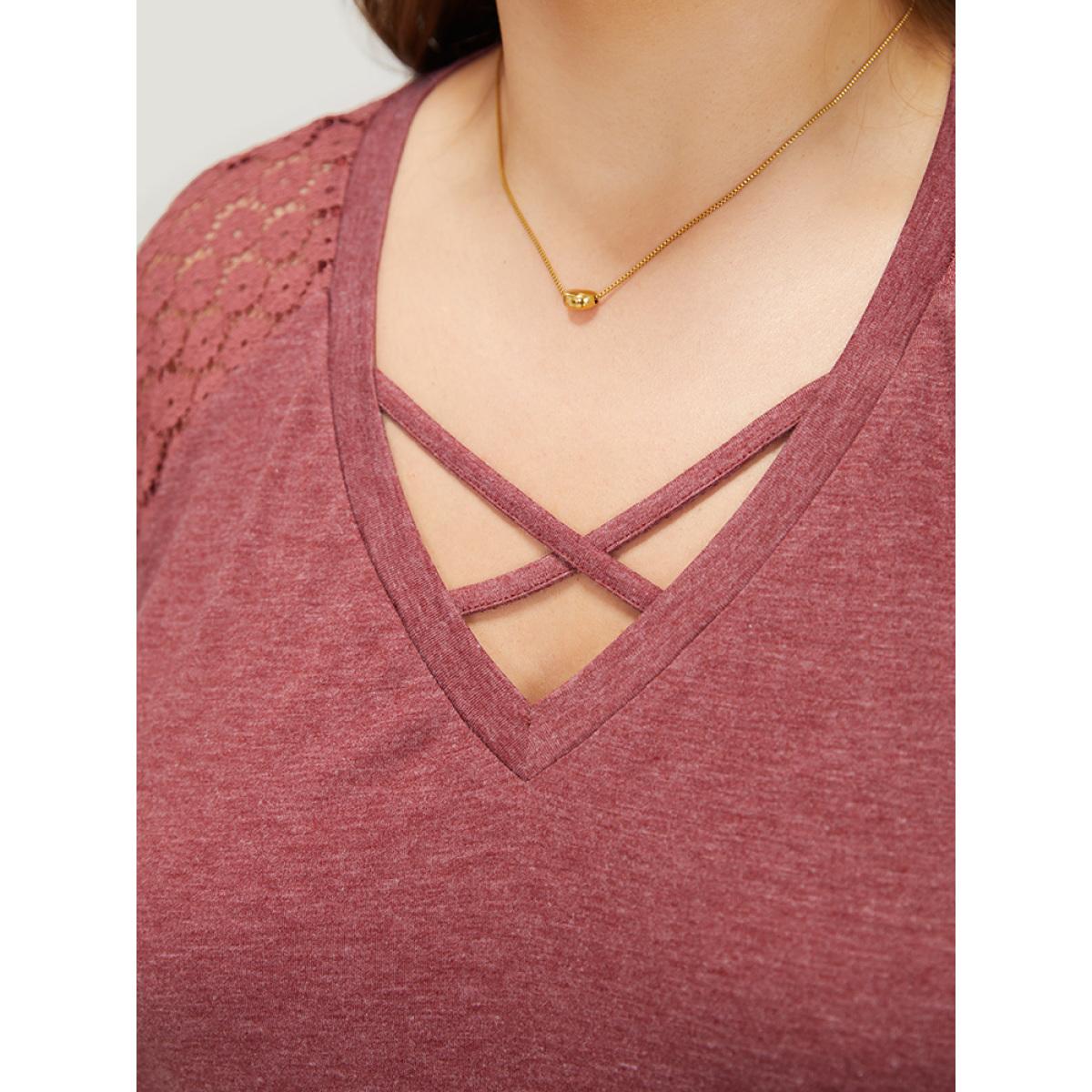 Plus Size Plain Lace Raglan Sleeve Heather Crisscross Neck T-shirt Russet Women Elegant Patchwork Plain V-neck Dailywear T-shirts BloomChic 12/L Product Image